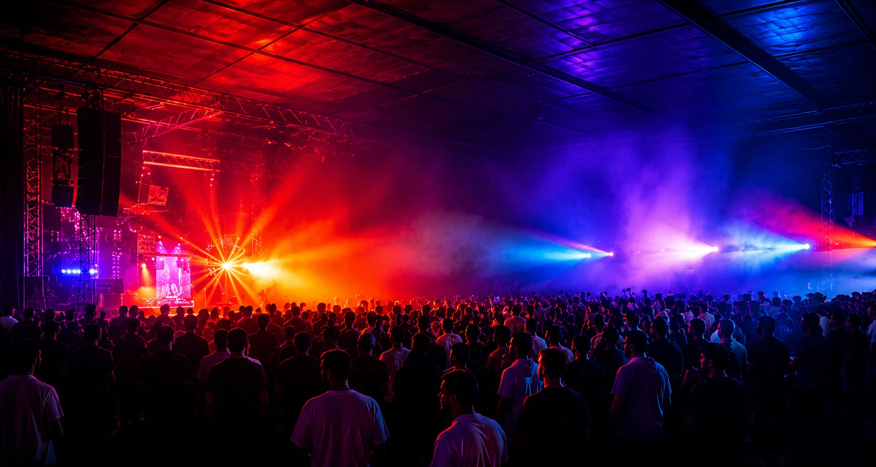 Evento con escenario, iluminación técnica y público